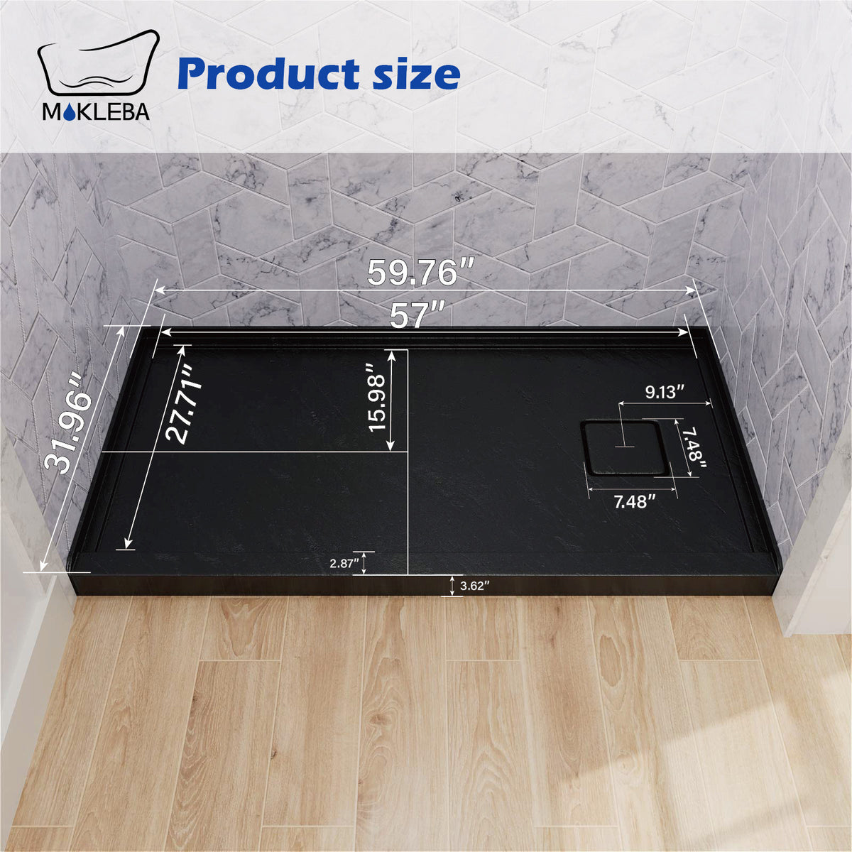 Mokleba 60"x32" Right Drain Shower Pan with Anti-Slip Rock Texture