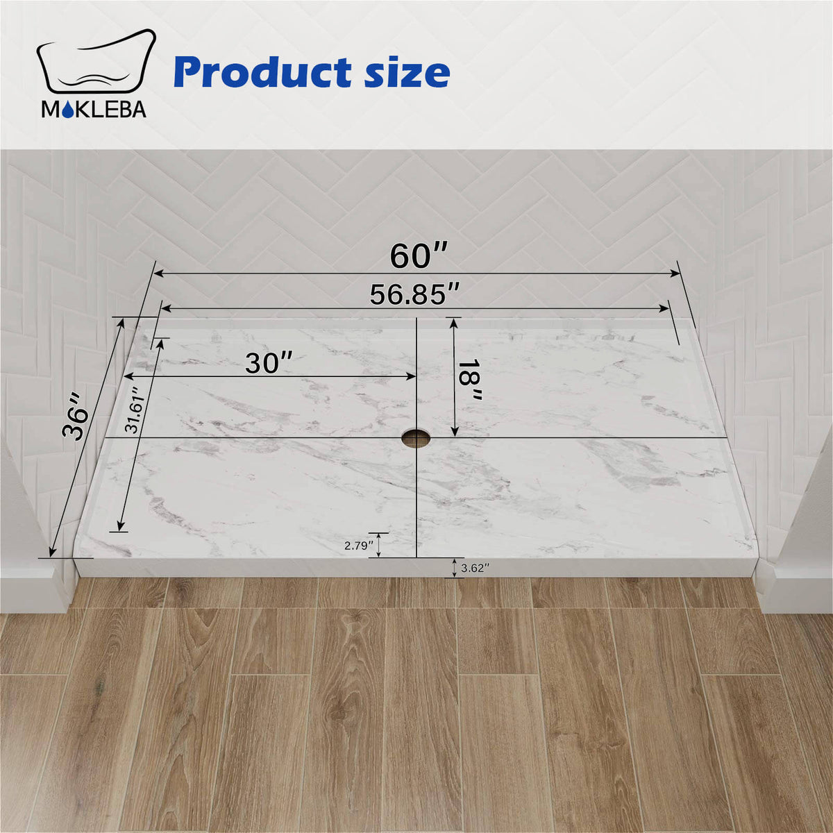 Mokleba 60"x36" Center Drain Anti-Slip Shower Pan
