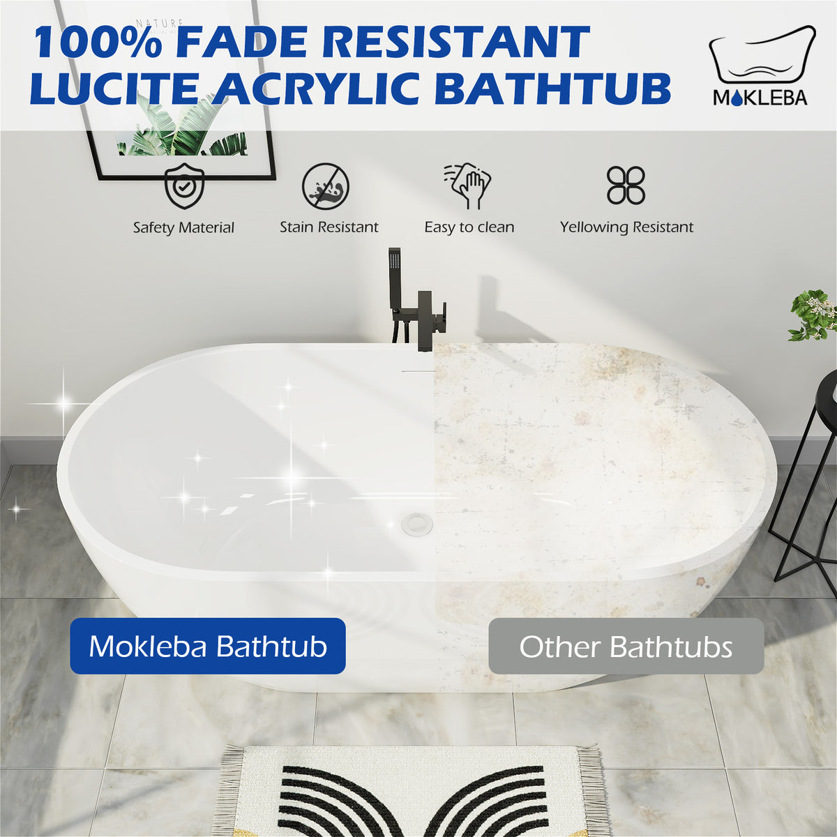 Mokleba 65"L x 28"W Glossy White Freestanding Acrylic Soaking Bathtub with Chrome Drain & Overflow