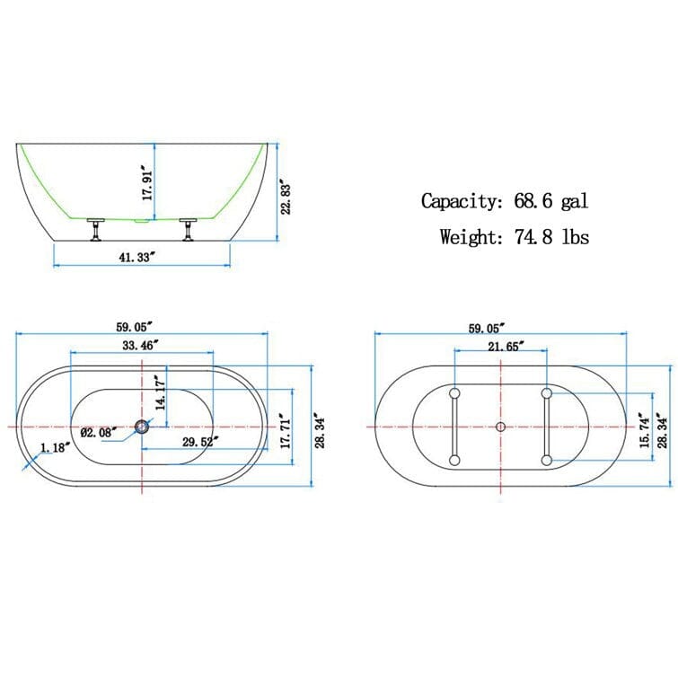 Mokleba 59" Oval Acrylic Freestanding Soaking Bathtub with Center Drain