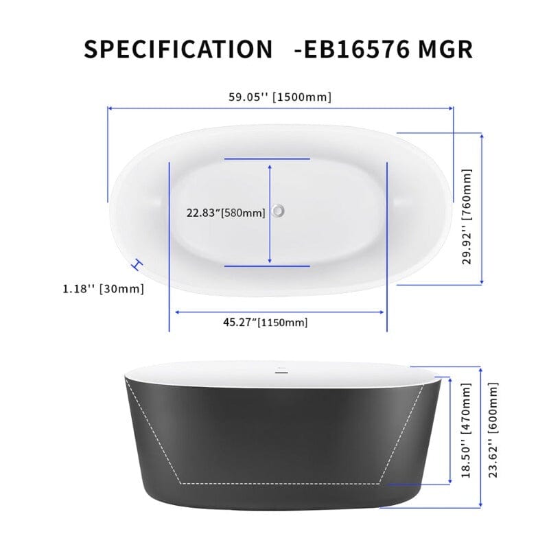 59 inch matte grey oval acrylic soaking tub dimension