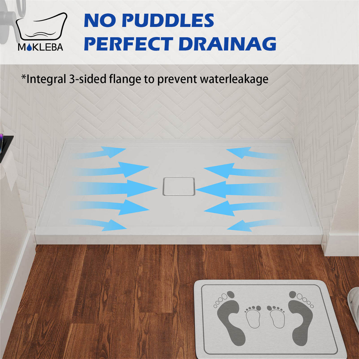 Mokleba 60" x 36" Shower Base with Center Drain, Magnetic Drain Cover, Acrylic Stone Composite, Slip-Resistant