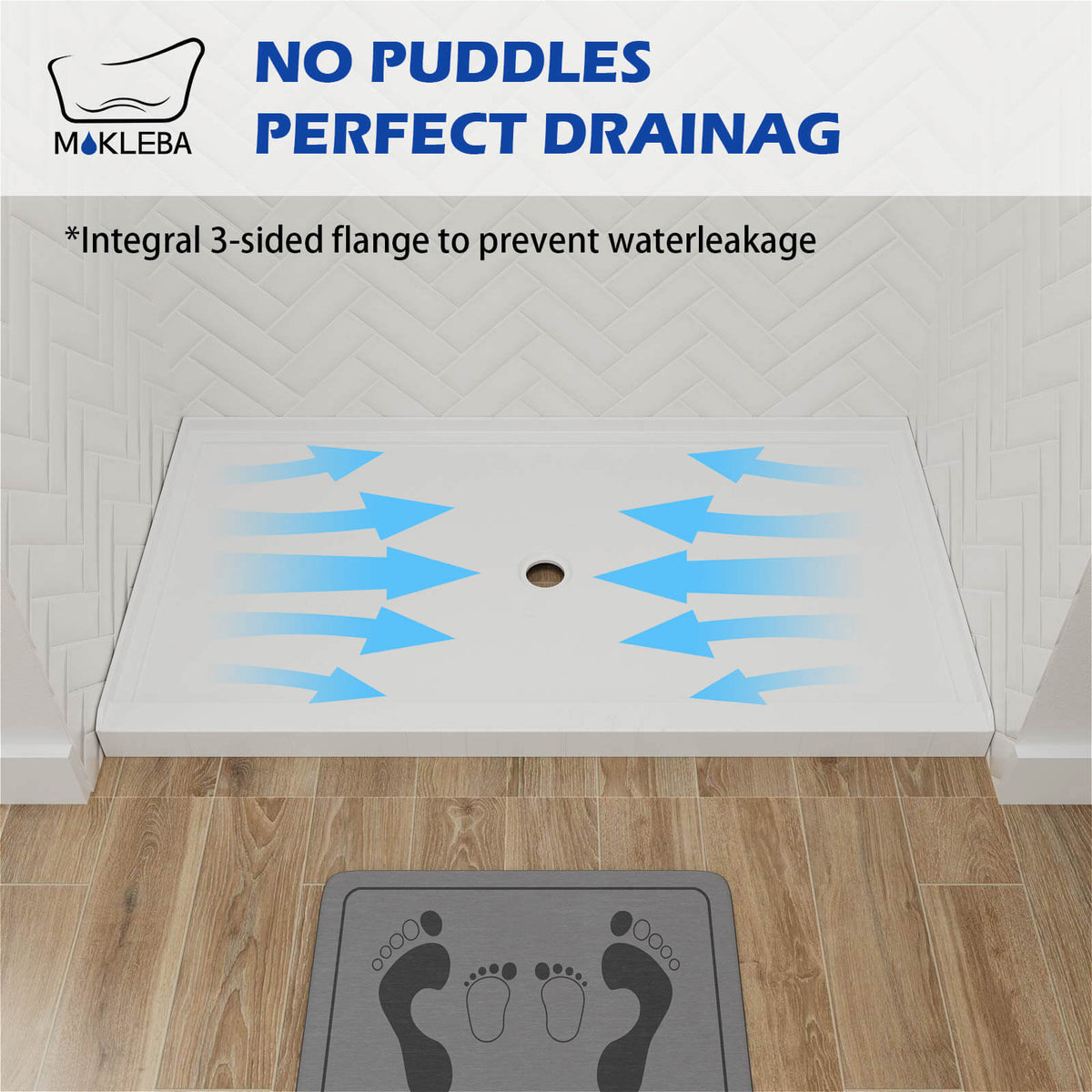Mokleba 60" x 36" Shower Base with Center Drain, Acrylic Stone Composite, Slip-Resistant