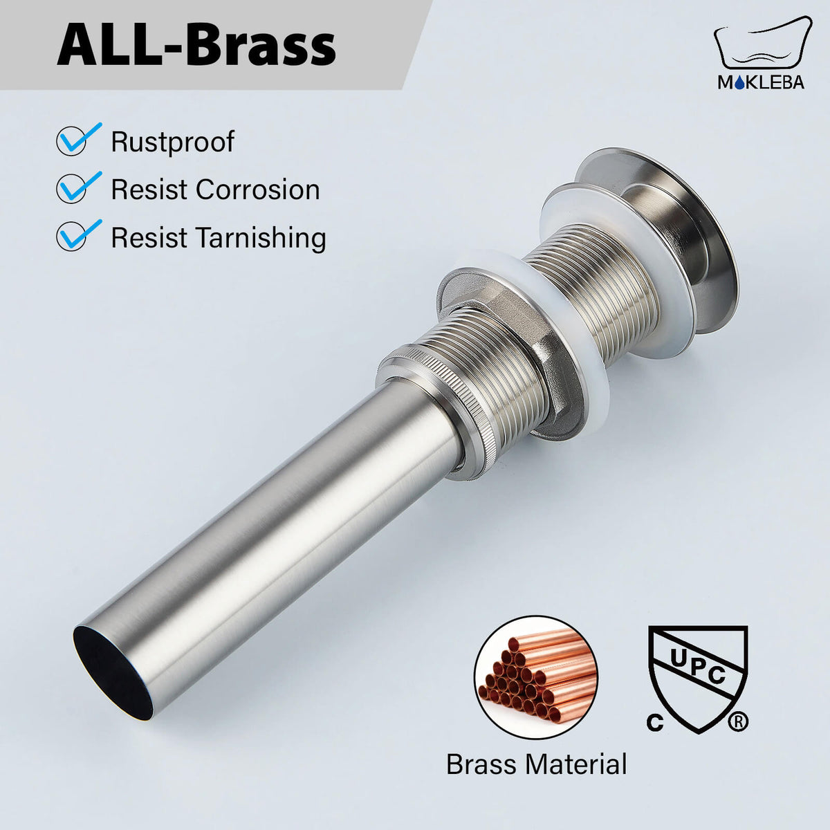 Solid Brass Pop-Up Sink Drain for Vessel Sinks Without Overflow, 5 Finishes