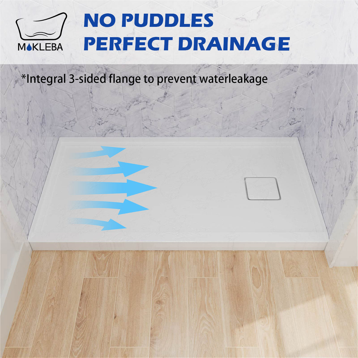 Mokleba 60"x32" Right Drain Shower Pan with Anti-Slip Rock Texture