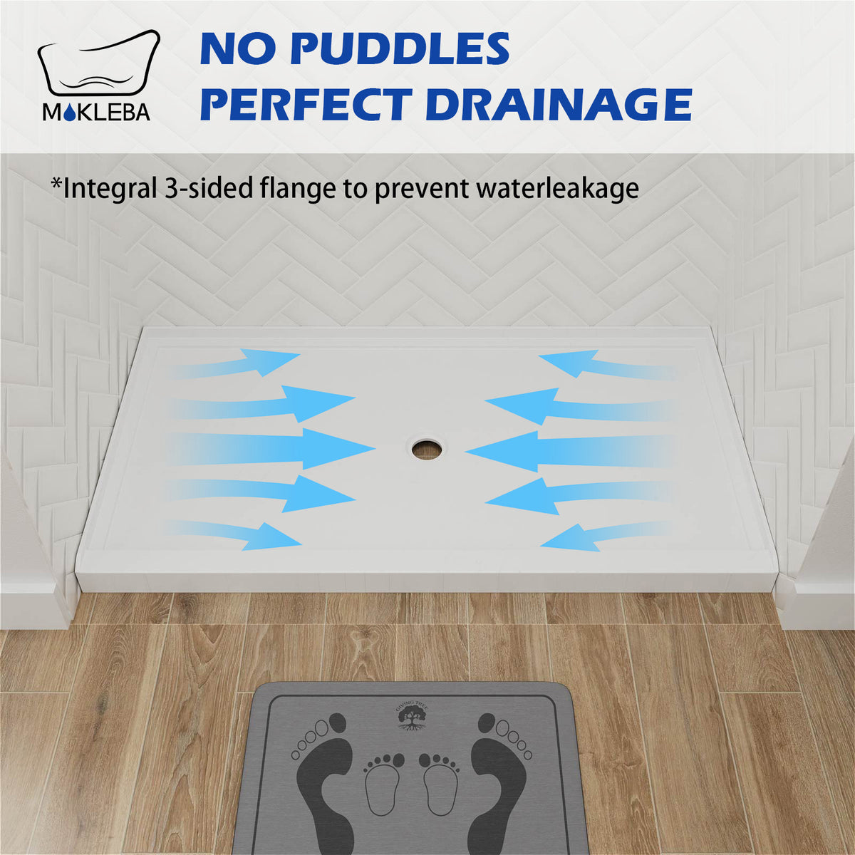 Mokleba 60"x36" Center Drain Anti-Slip Shower Pan