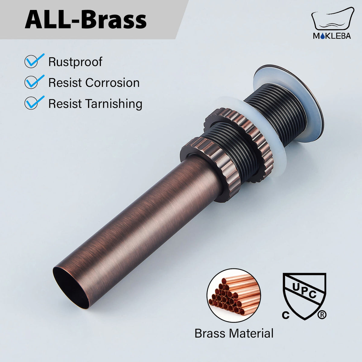 Solid Brass No-Overflow Sink Drain with Hand-Tighten Lock Nut, 5 Finishes