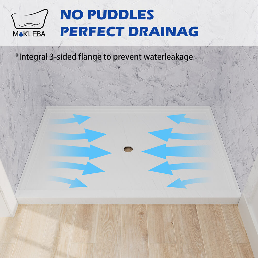 Mokleba 48"x32" Shower Base with Center Drain,  Acrylic Stone Composite Shower Pan, Slip-Resistant, No Mortar Installation