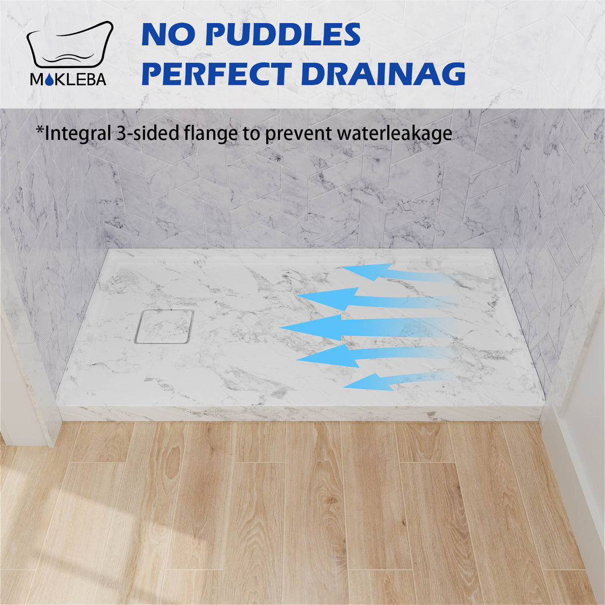 Mokleba 60"x32" Left Drain Shower Pan with Slip Resistant Rock Texture