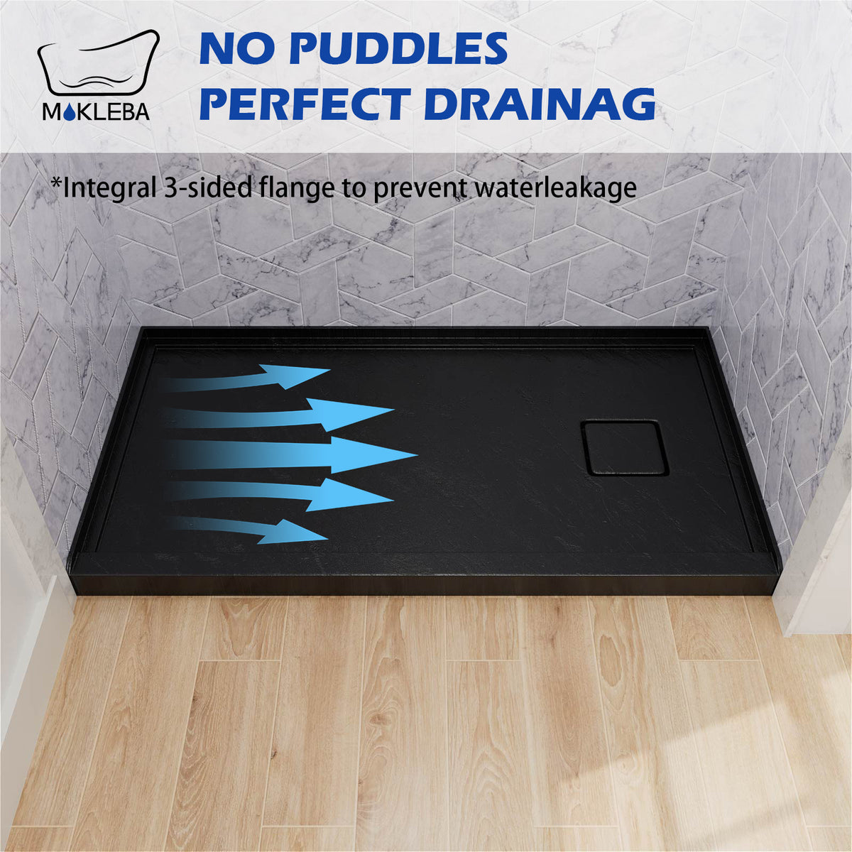 Mokleba 60"x32" Right Drain Shower Pan with Anti-Slip Rock Texture