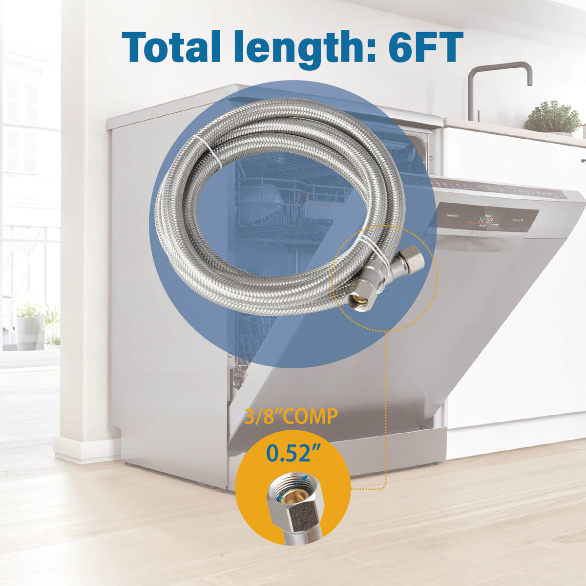 6 foot long 38 inch braided stainless steel dishwasher hose with brass compression fittings