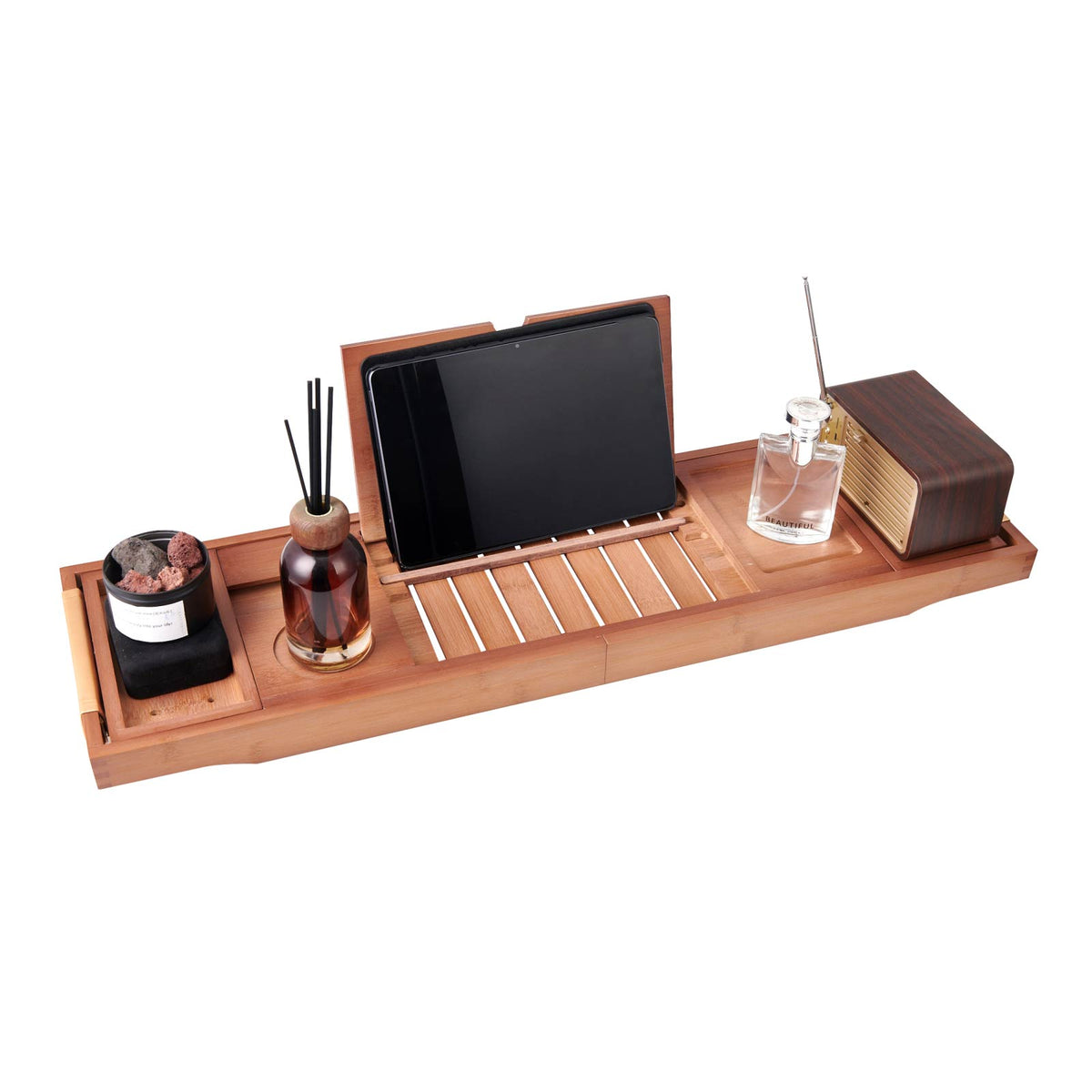 Mokleba Light Walnut Bamboo Bathtub Caddy with Leather Handles