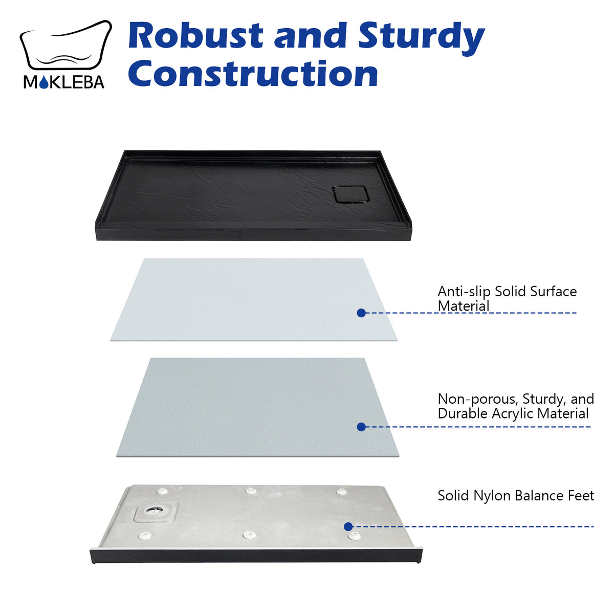 Mokleba 60"x32" Right Drain Shower Pan with Anti-Slip Rock Texture