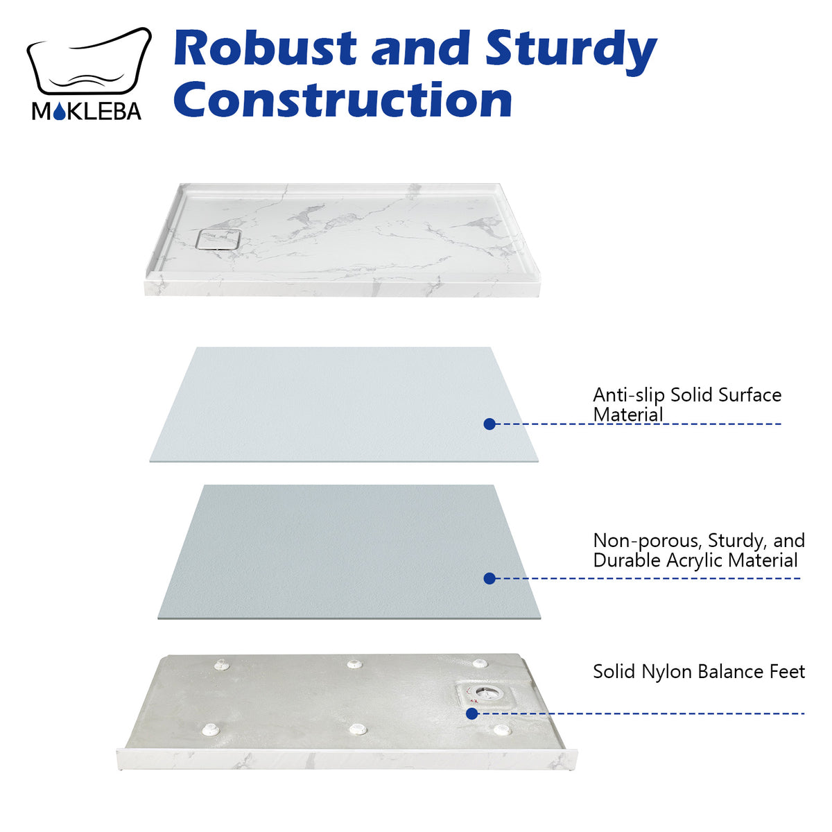 Mokleba 60"x32" Left Drain Shower Pan with Slip Resistant Rock Texture