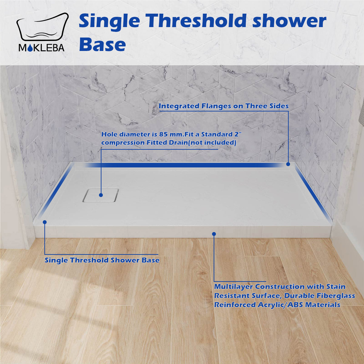 Mokleba 60"x32" Left Drain Shower Pan with Slip Resistant Rock Texture