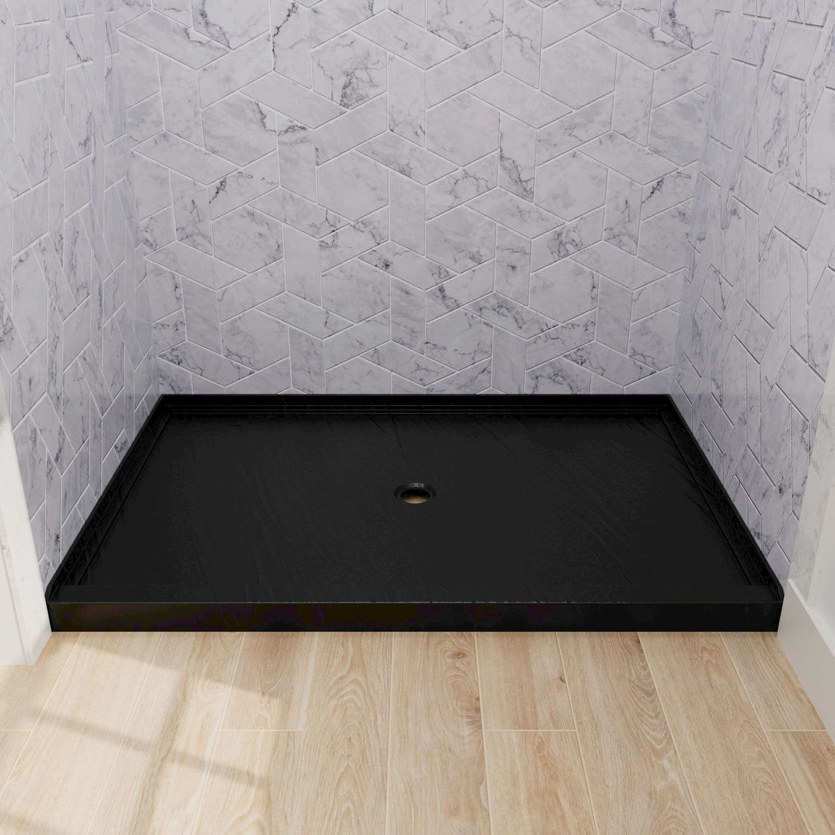 Acrylic shower base with textured surface and efficient center drainage system