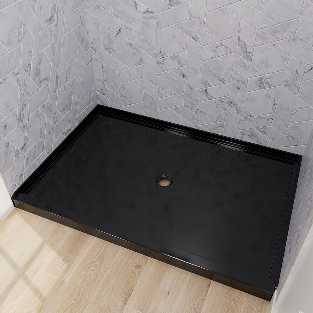 Black acrylic shower base with round center drain for bathroom renovation