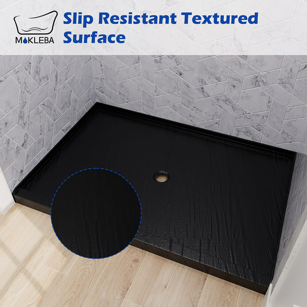 Black acrylic shower base with textured design for safer shower use