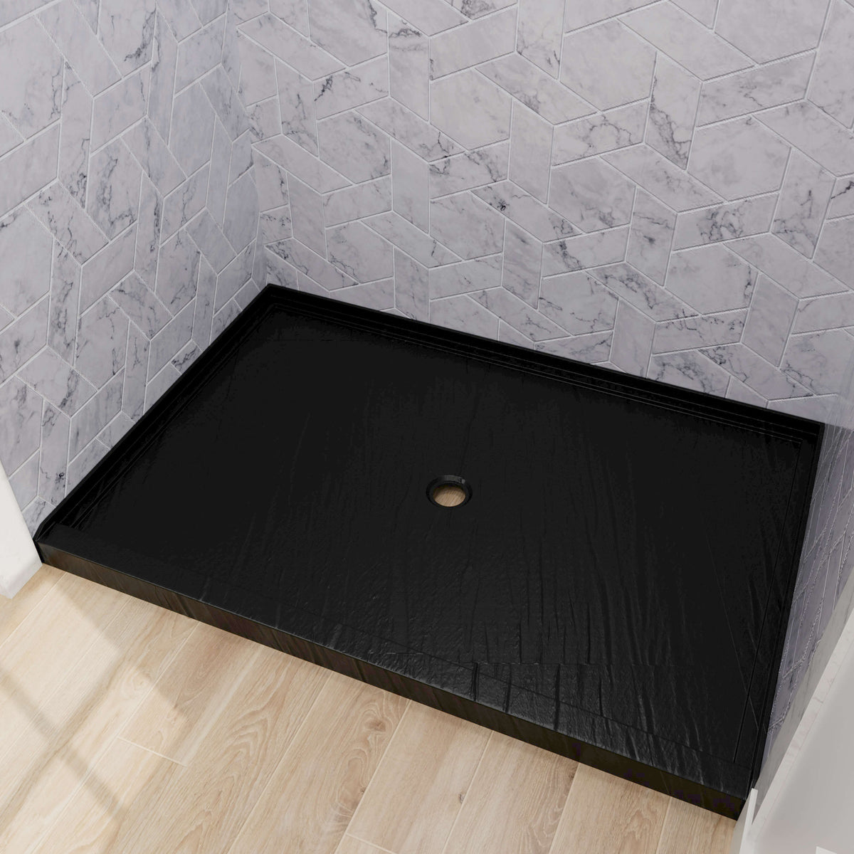 Black center drain shower pan designed for stylish bathroom renovations
