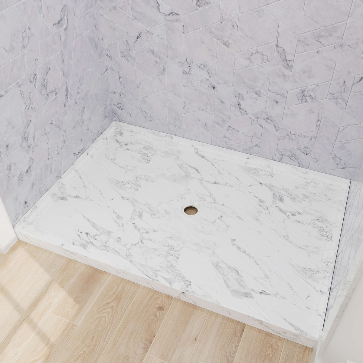 Decorative marble pattern acrylic shower base with center drainage layout