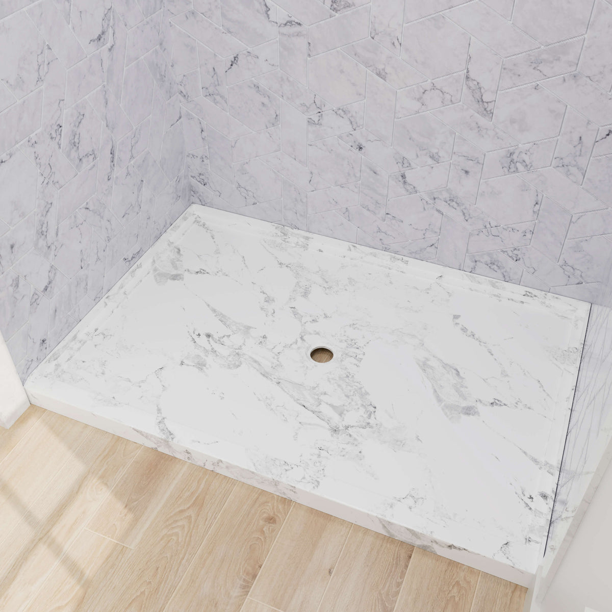 Decorative marble pattern shower base with efficient center drainage layout