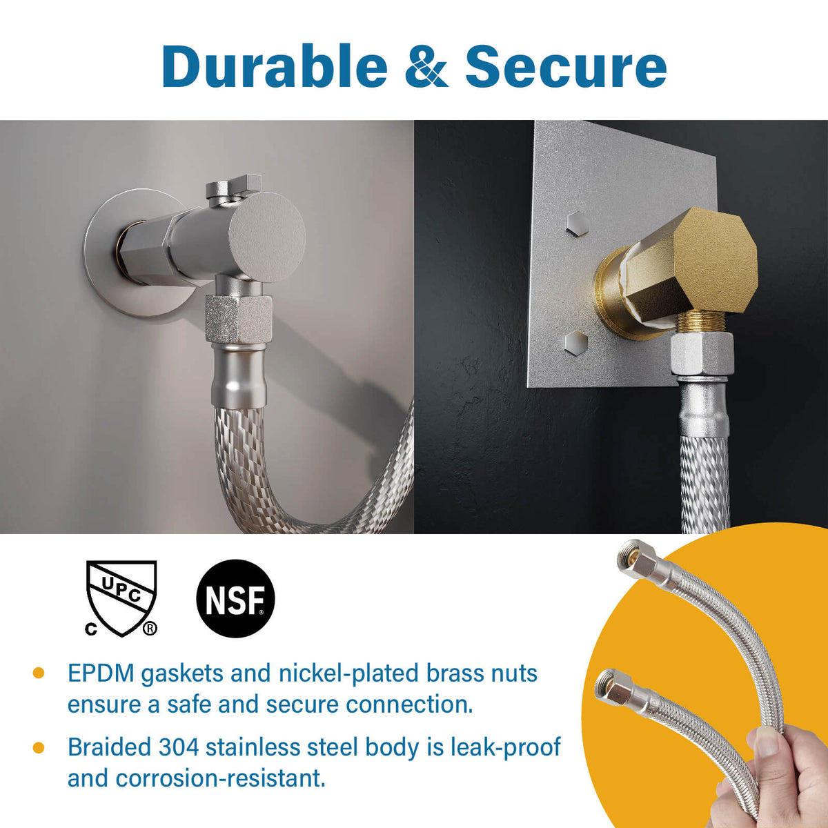 Durable braided stainless steel dishwasher hose with UPC and NSF certified leakproof design