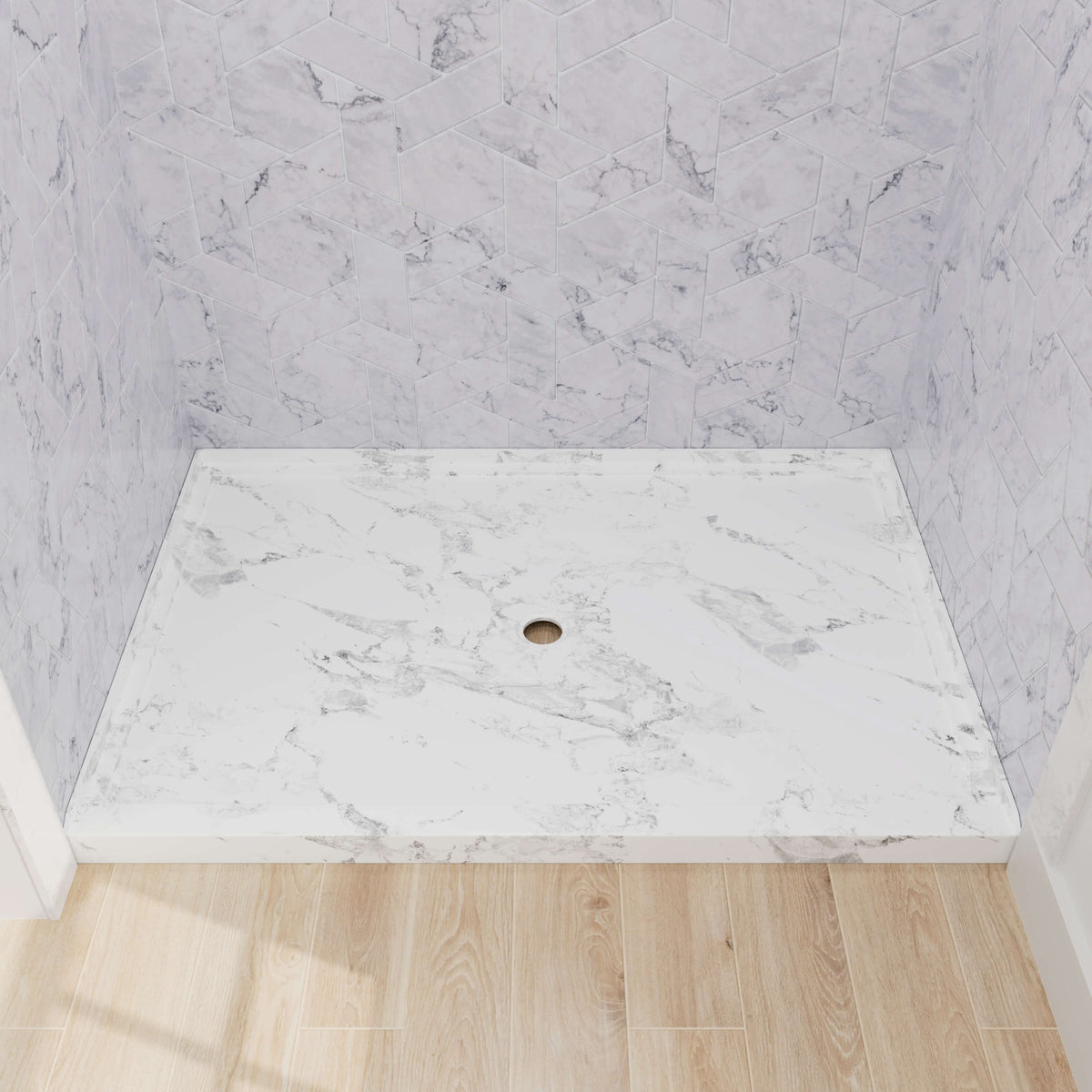 Marble pattern acrylic shower base with round center drain for modern bathrooms