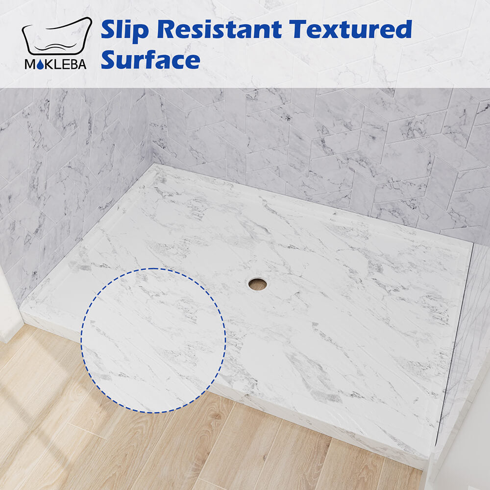 Marble style shower base designed with textured surface for improved traction