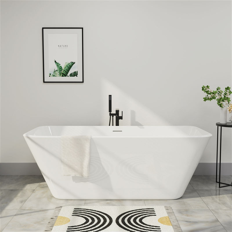 Mokleba 59 Inch Glossy White Freestanding Acrylic Soaking Tub with Trapezoidal Design