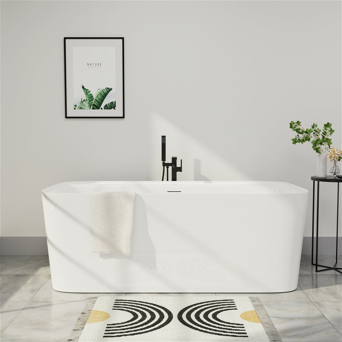 Mokleba 59 Inch Sleek Rectangle Design in White Acrylic Flatbottom Freestanding Bathtub