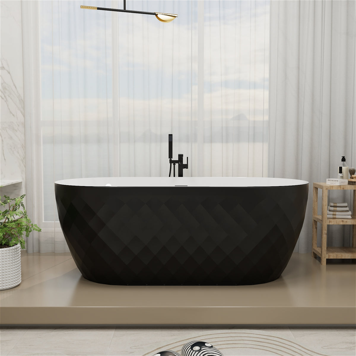 Mokleba 59" Freestanding Acrylic Soaking Tub with Black Diamond Exterior White Interior