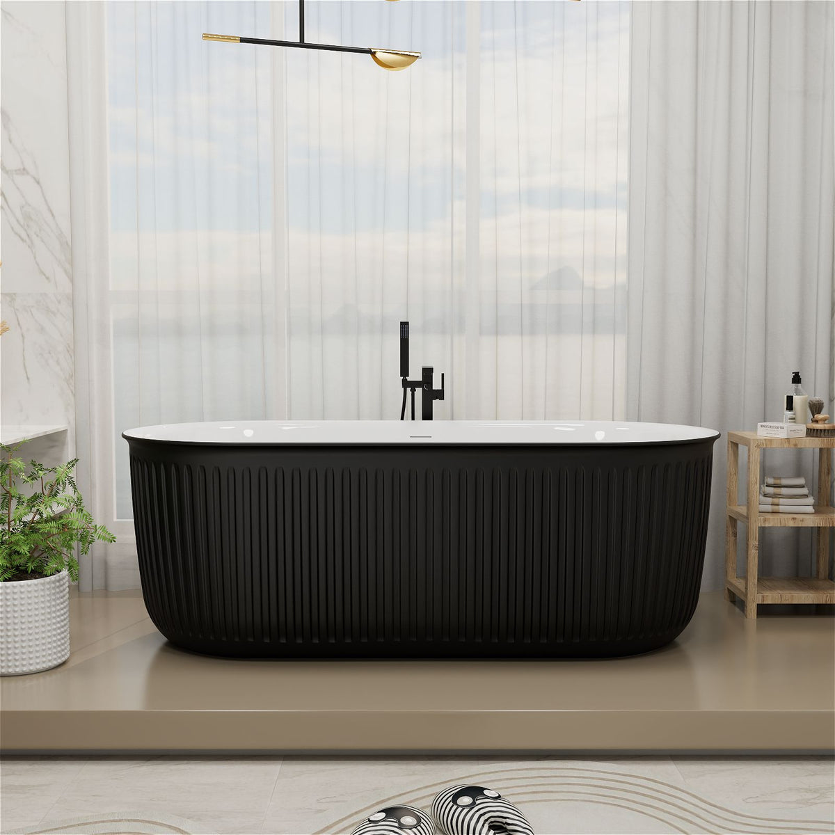 Mokleba 67 Inch Oval Fluted Double Ended Freestanding Acrylic Soaking Bathtub