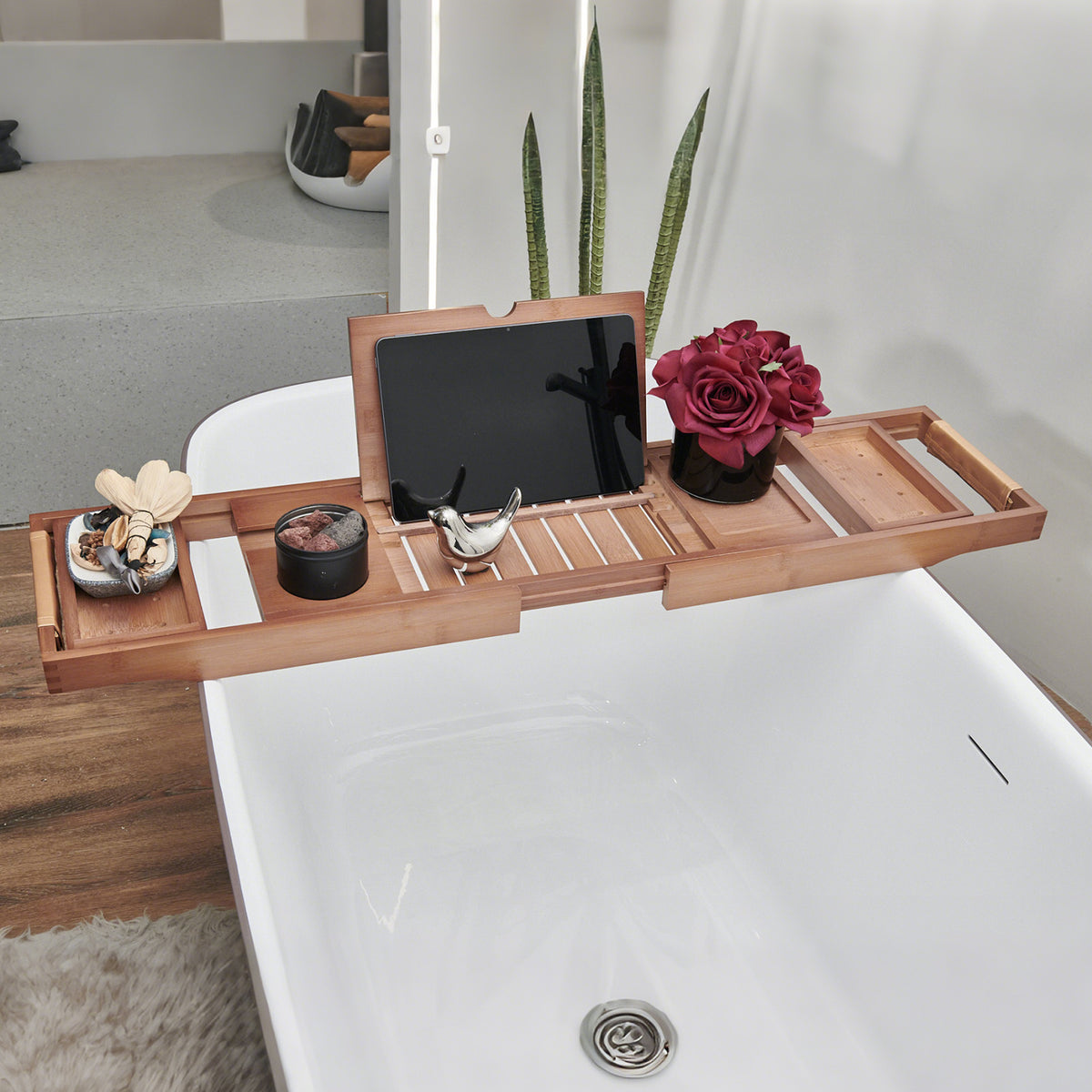 Mokleba Light Walnut Bamboo Bathtub Caddy with Leather Handles