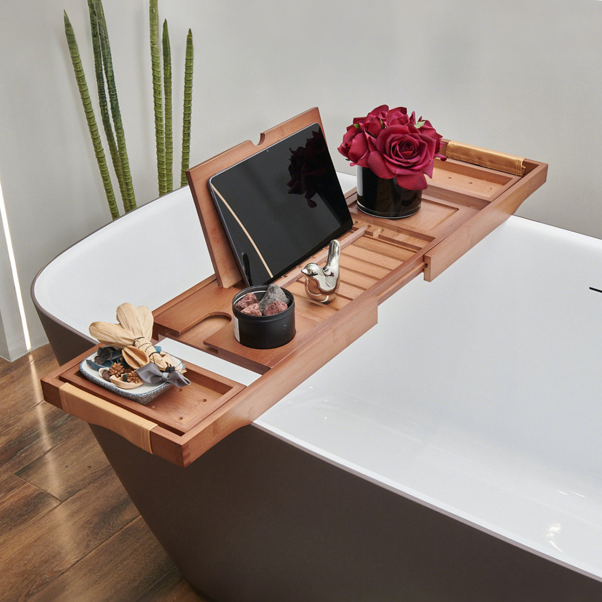 Mokleba Light Walnut Bamboo Bathtub Caddy with Leather Handles
