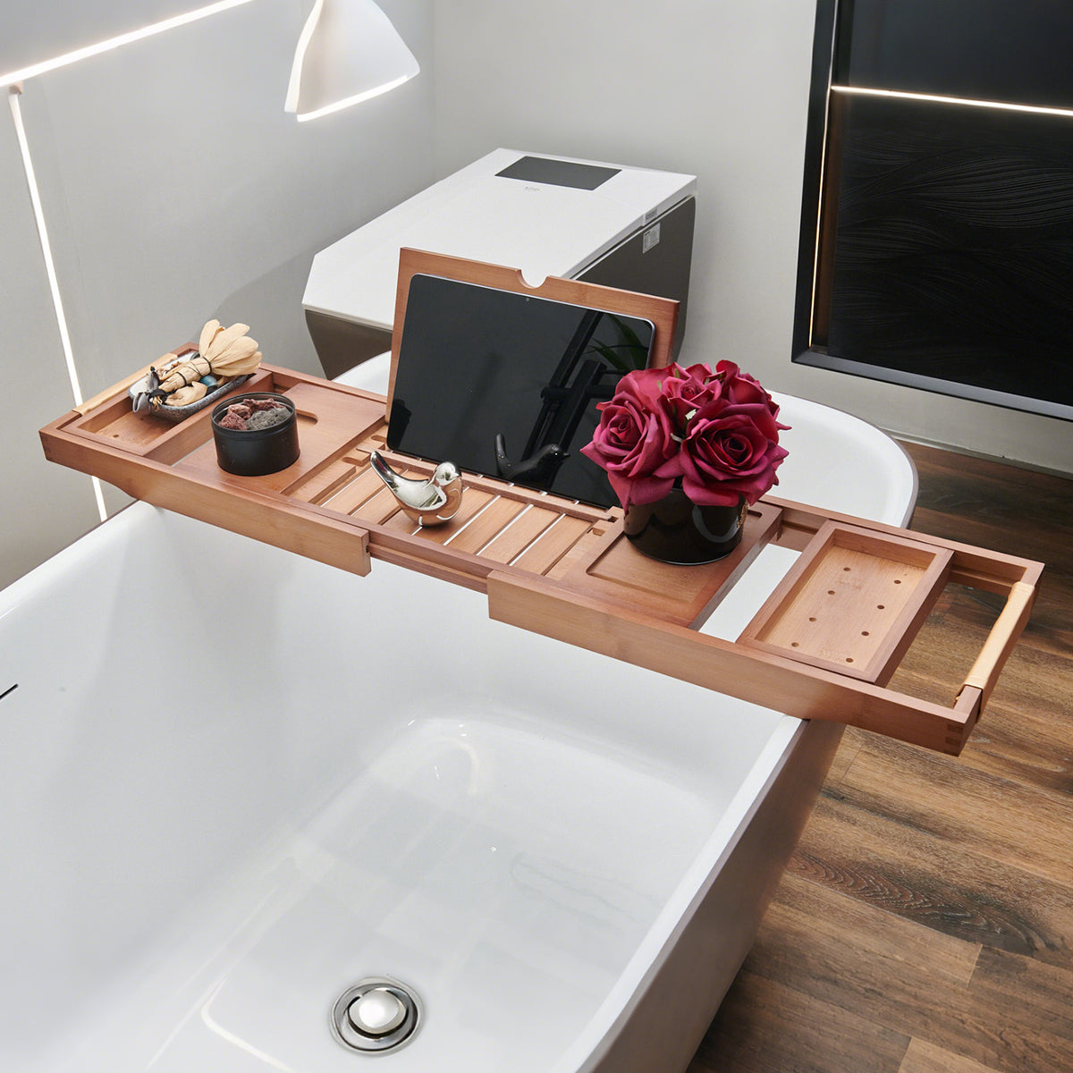 Mokleba Light Walnut Bamboo Bathtub Caddy with Leather Handles