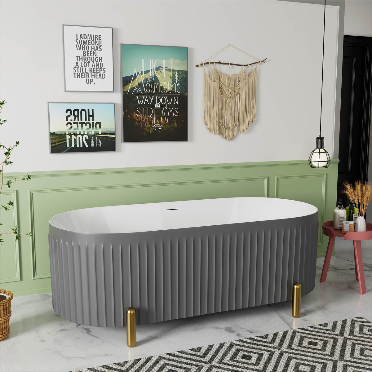 Mokleba Stylish 67'' Oval Acrylic Freestanding Soaking Bathtub-Matte Grey and Orange