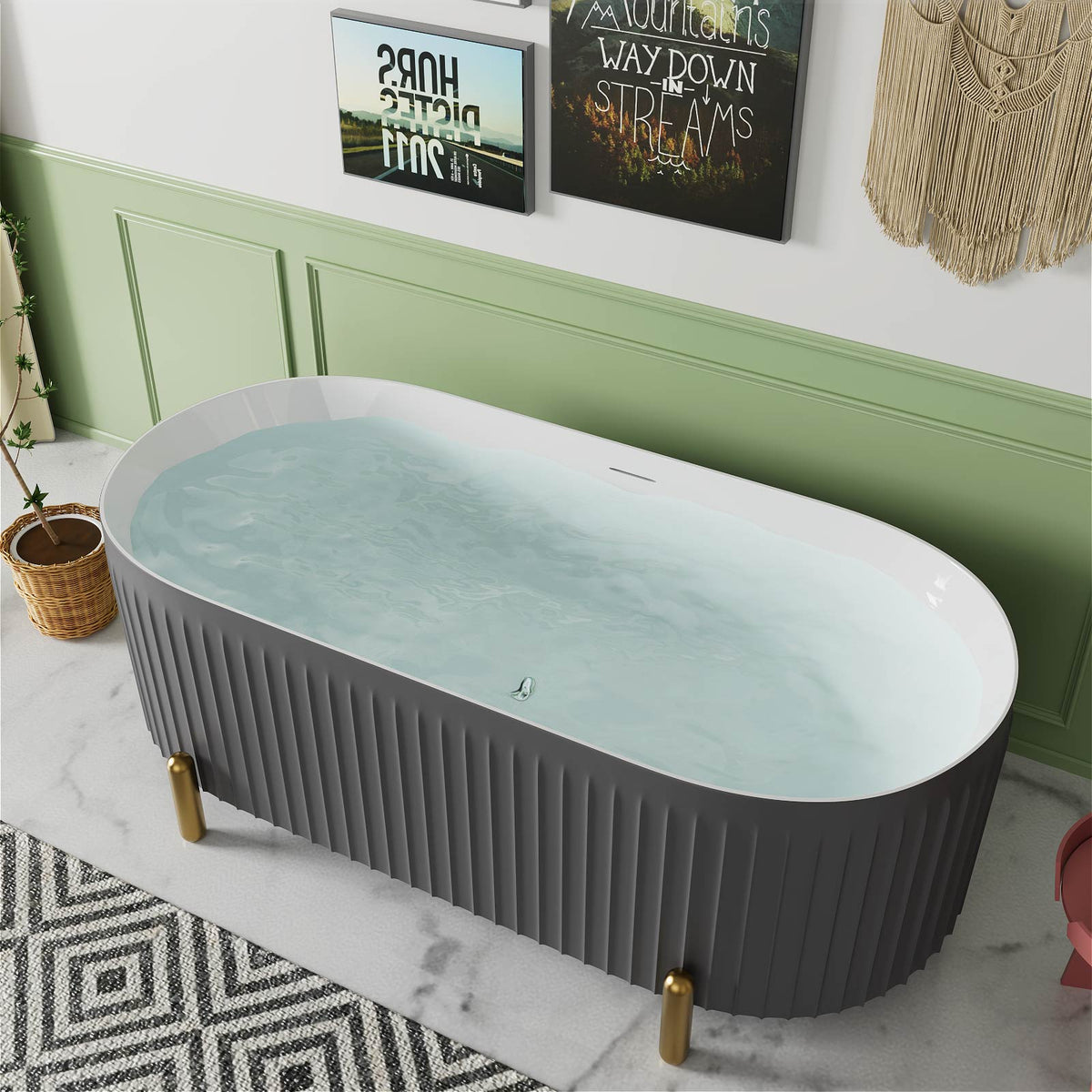 Mokleba Stylish 67'' Oval Acrylic Freestanding Soaking Bathtub-Matte Grey and Orange