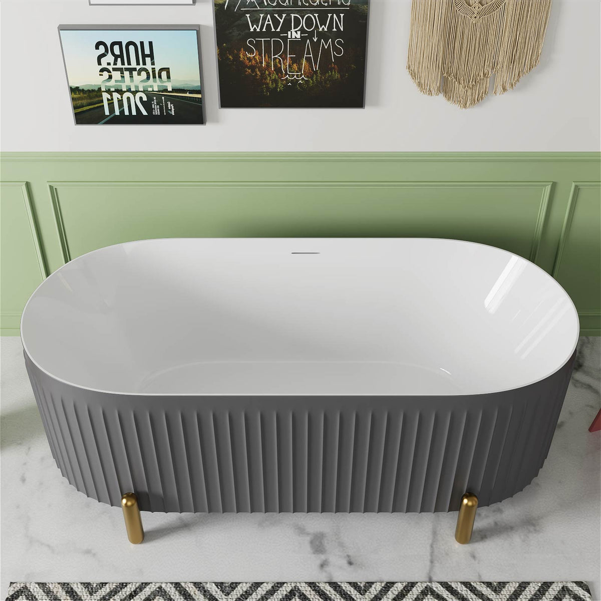 Mokleba Stylish 67'' Oval Acrylic Freestanding Soaking Bathtub-Matte Grey and Orange