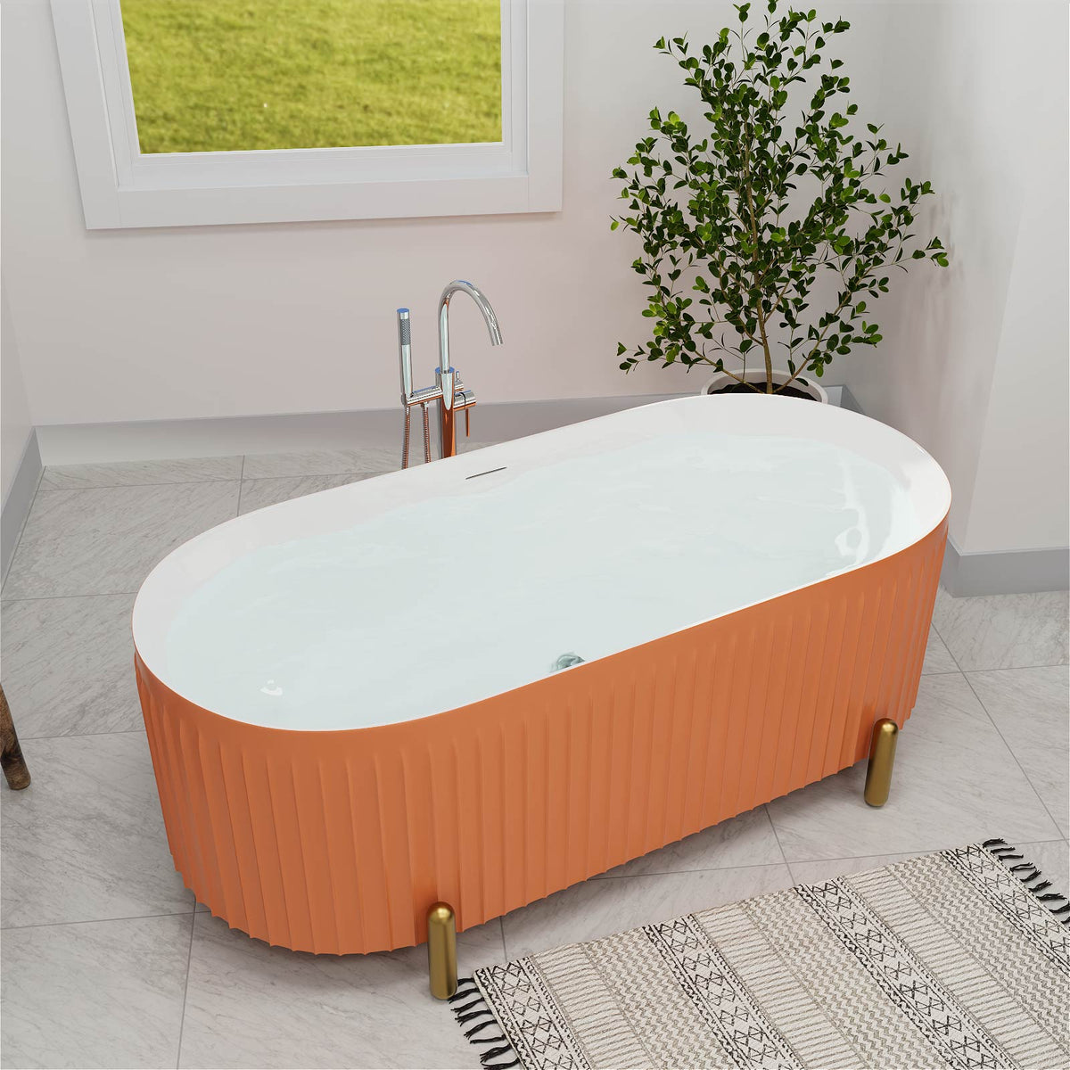 Mokleba Stylish 67'' Oval Acrylic Freestanding Soaking Bathtub-Matte Grey and Orange
