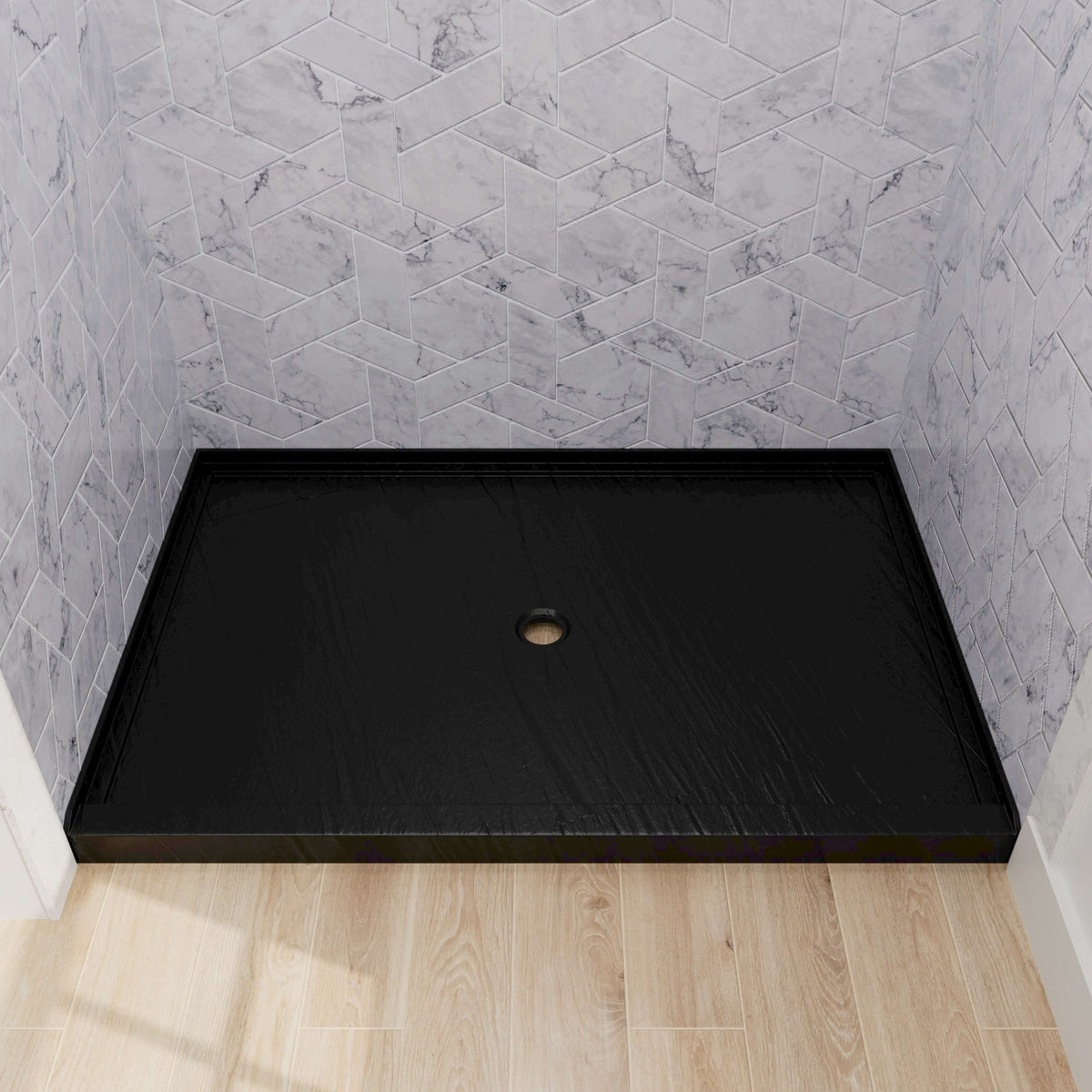 Mokleba 48x32 black shower pan with center drain and anti-slip texture