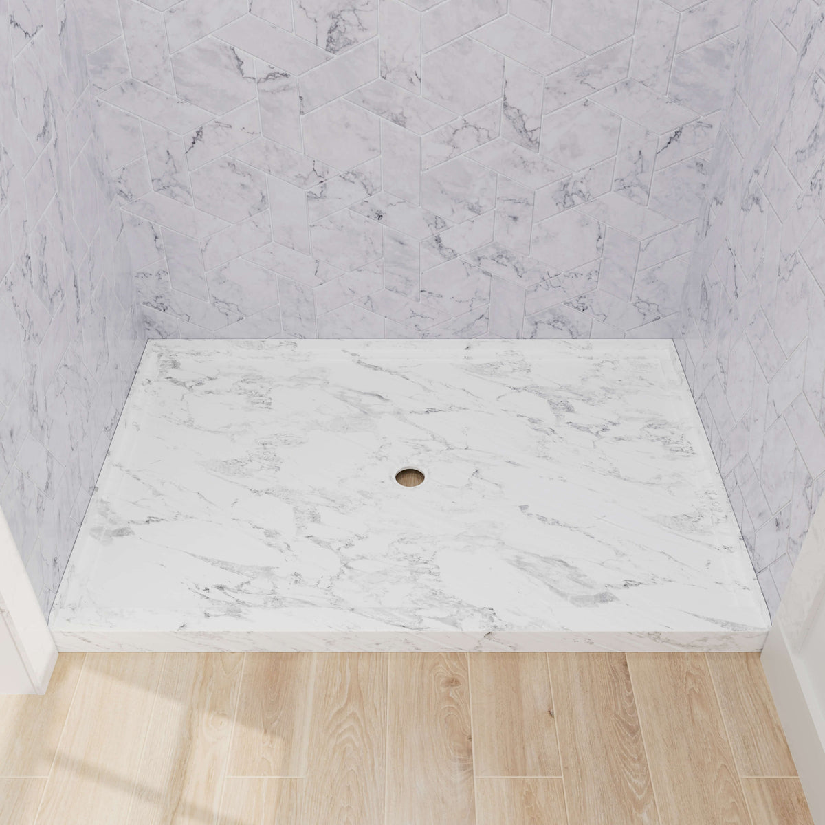 Mokleba 48x32 inch marble pattern shower pan with center drain and anti-slip texture