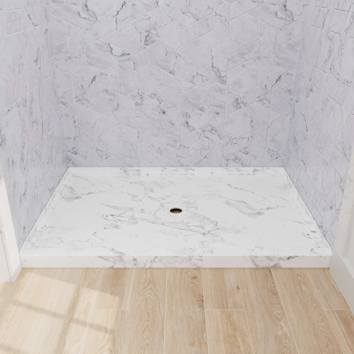 Mokleba 48x32 inch marble pattern shower pan with center drain design
