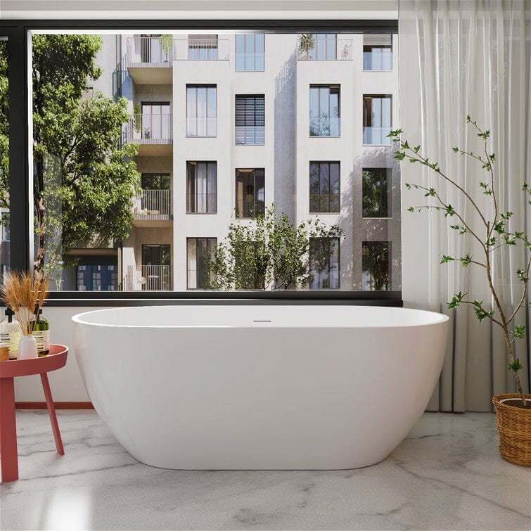 Mokleba 59 inch Oval Acrylic Freestanding Soaking Bathtub with Center Drain