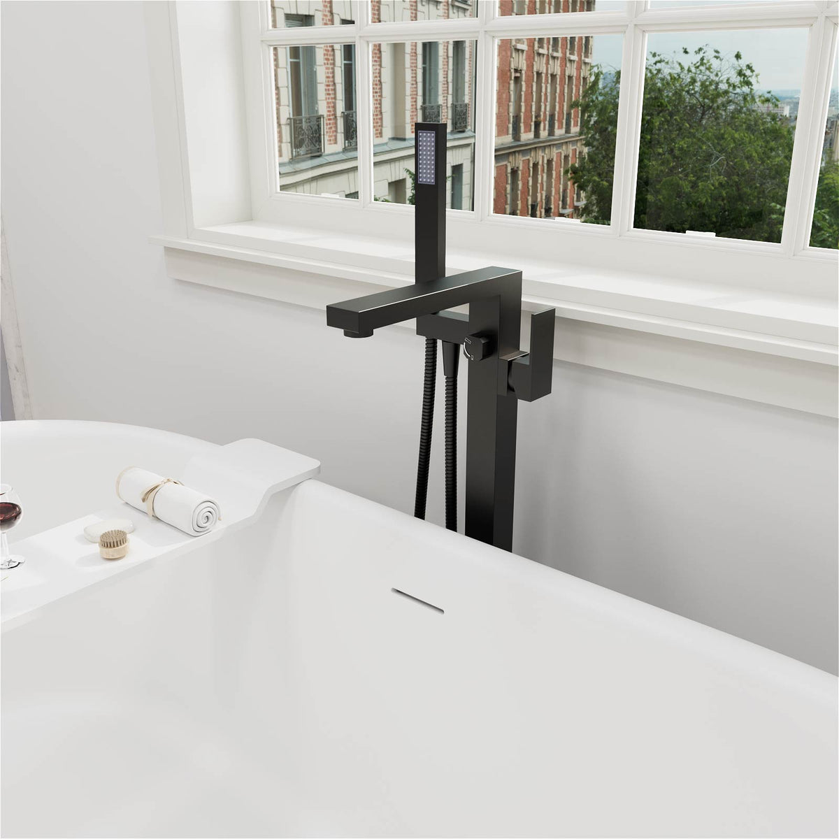 Mokleba Matte Black Freestanding Tub Filler with Hand Shower