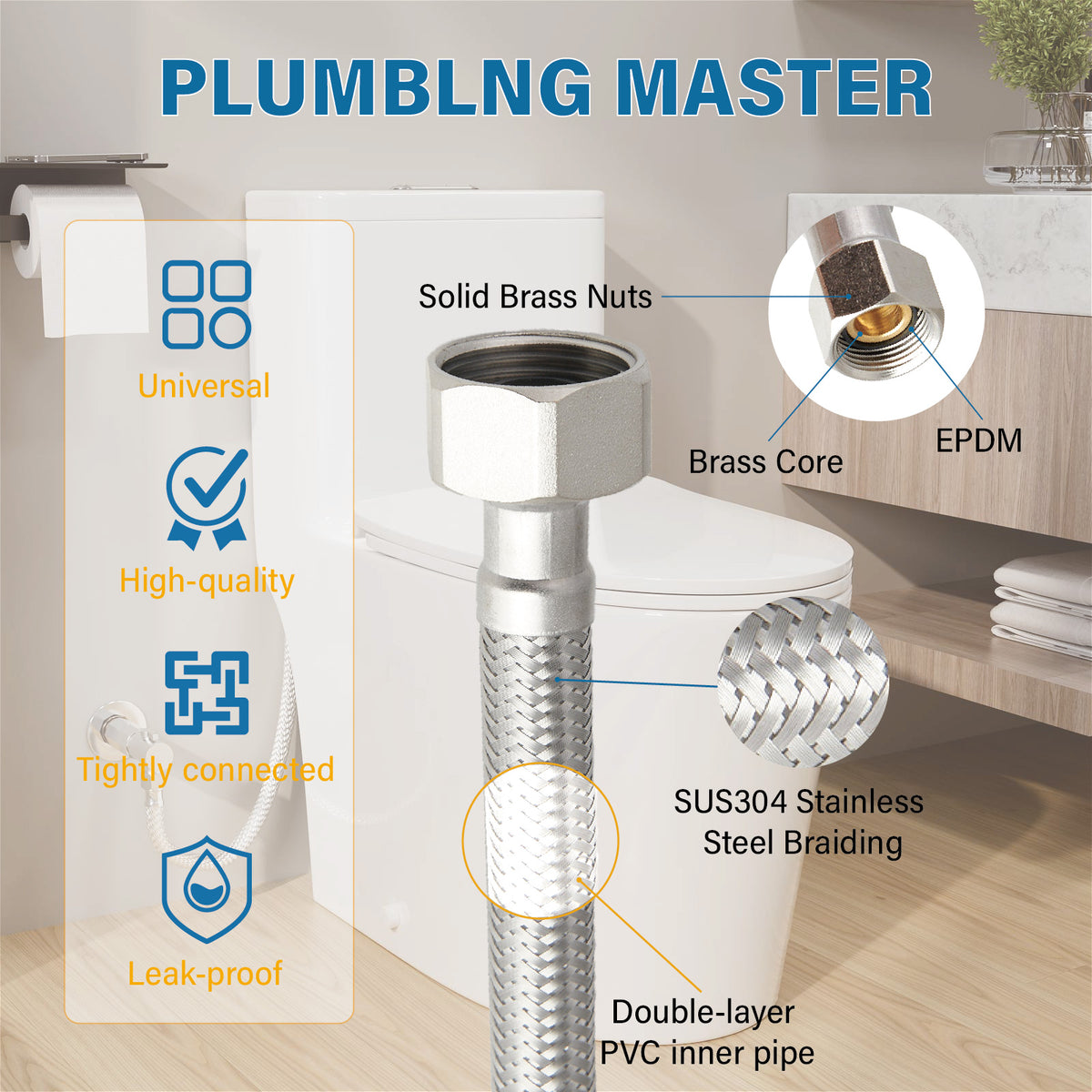 Mokleba 12/16 Inch Toilet Connector Hose, 304 Stainless Steel Supply Line