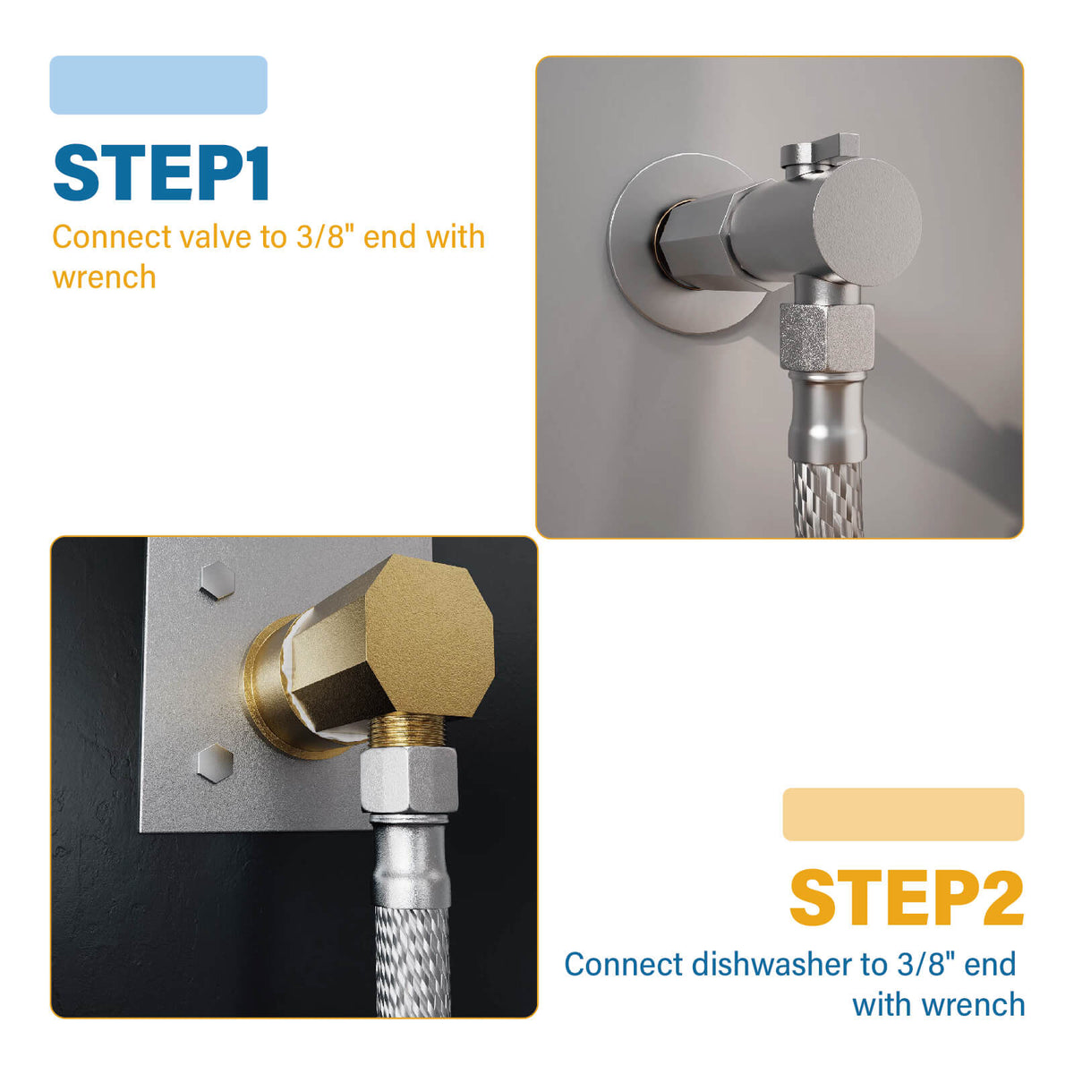 Step 1 installation guide for connecting 38 inch valve to dishwasher hose with wrench