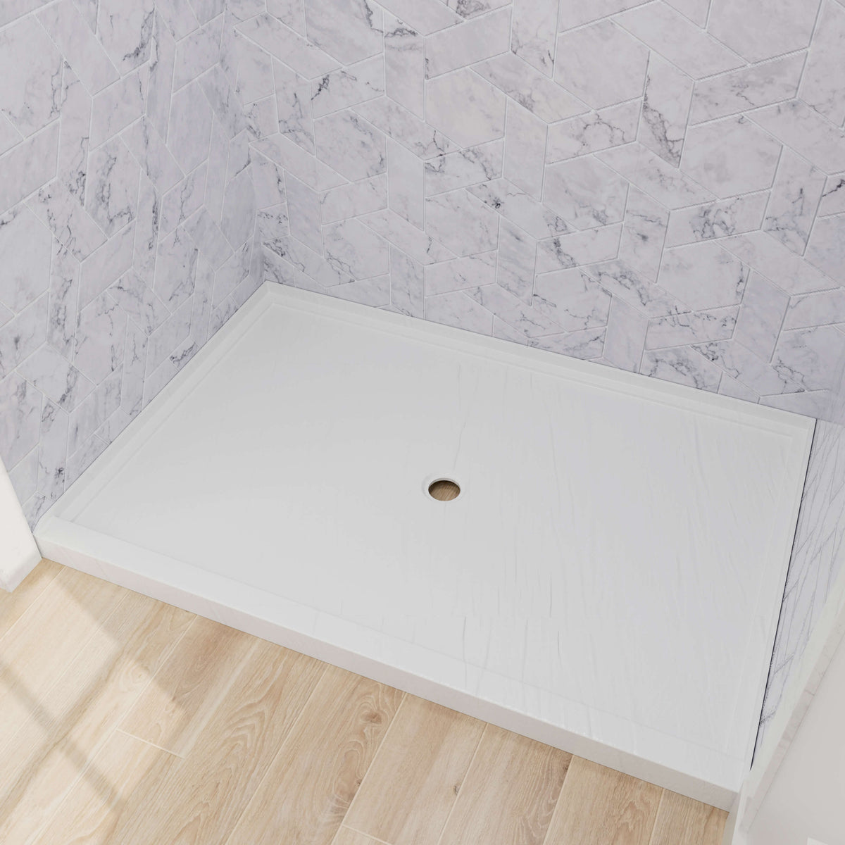 White acrylic shower base with slip-resistant surface and round center drain design