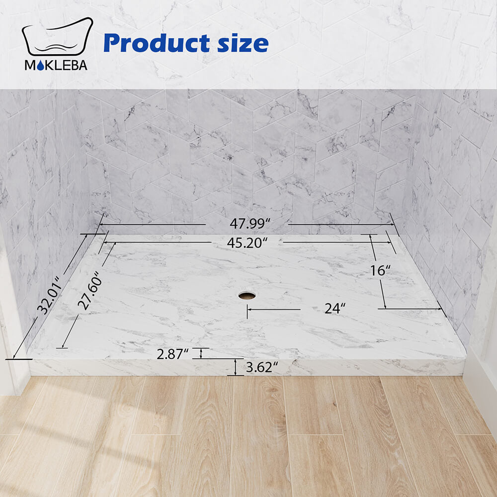 dimensions of 48x32 inch center drain shower pan with elegant marble pattern appearance