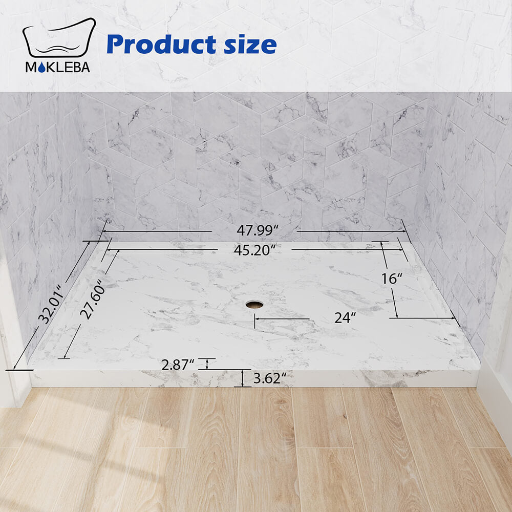 dimensions of 48x32 inch center drain shower pan with elegant marble style surface