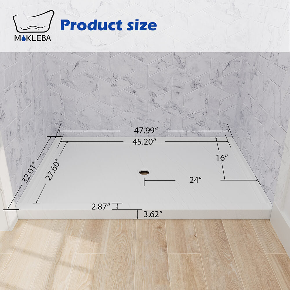 dimensions of 48x32 inch white shower pan with center drain